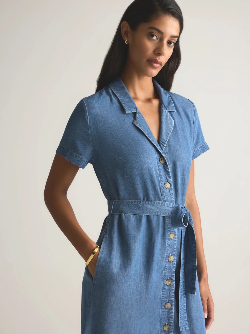 Quince Blue Button-Front Denim Midi Dress with Tie Waist - Picture 8 of 12